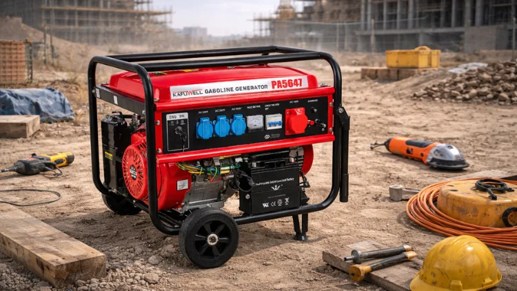 Red open-frame gasoline generator at the construction site