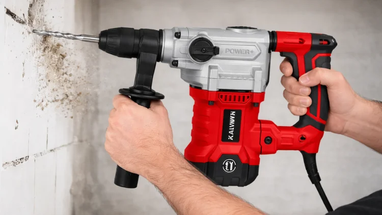 Using a Kraftwell rotary hammer drill to drill holes in a concrete wall on a construction site.