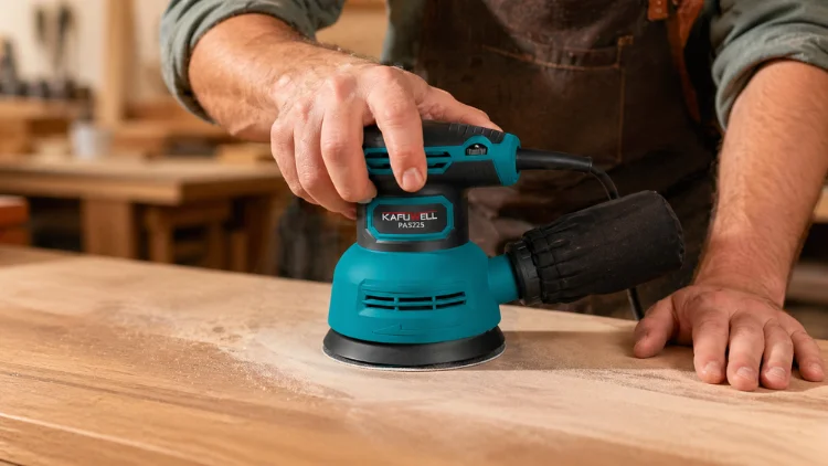 Sanding a wooden board using Kafuwell's blue corded orbital sander.