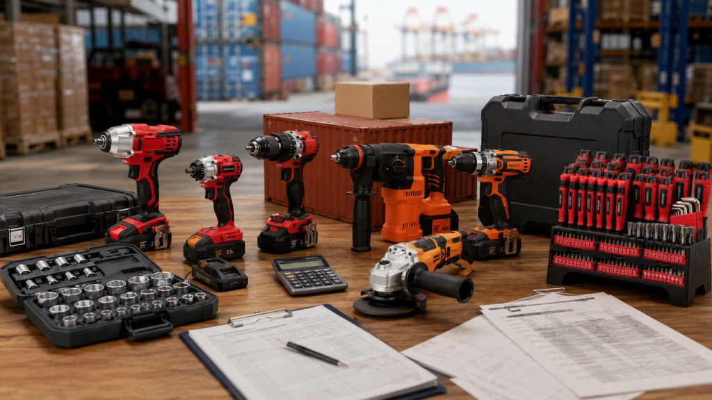A variety of lithium-ion power tools with red and orange housings, socket sets, and screwdriver bit sets.