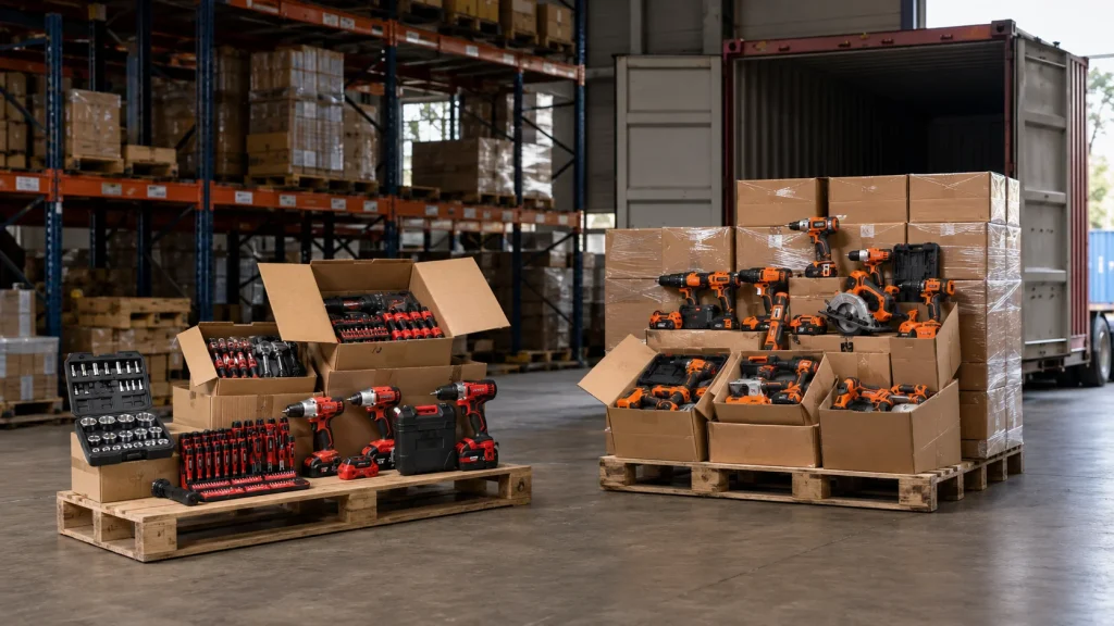 A wooden pallet loaded with red and orange power tools and cardboard boxes.