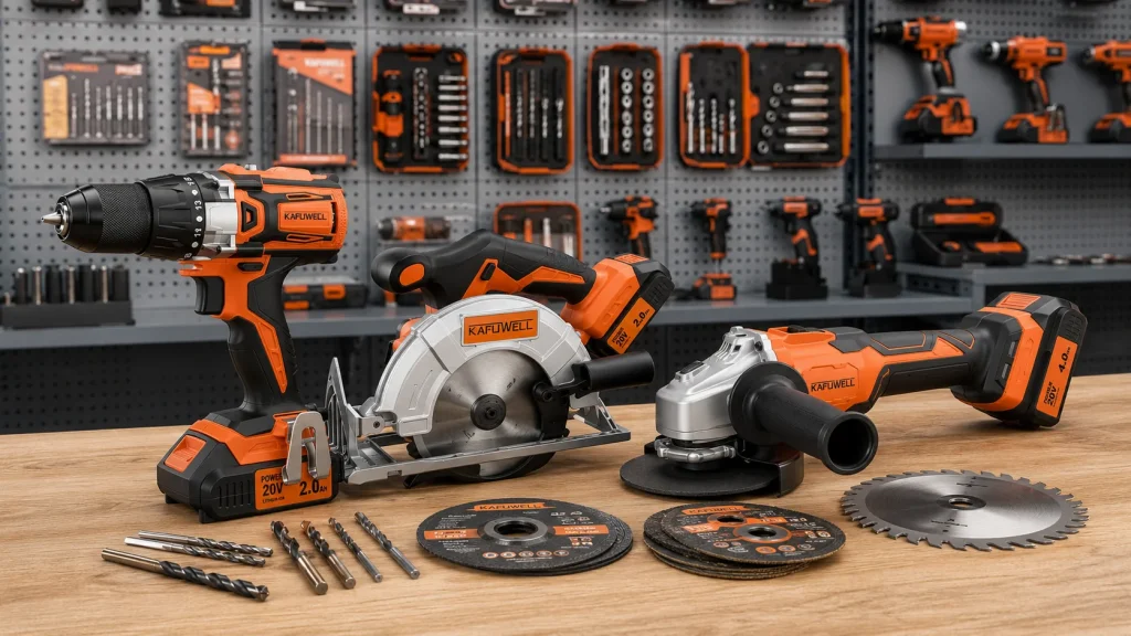 KAFUWELL 20V cordless power tool set (drill, circular saw, angle grinder) and accessories on a workbench.