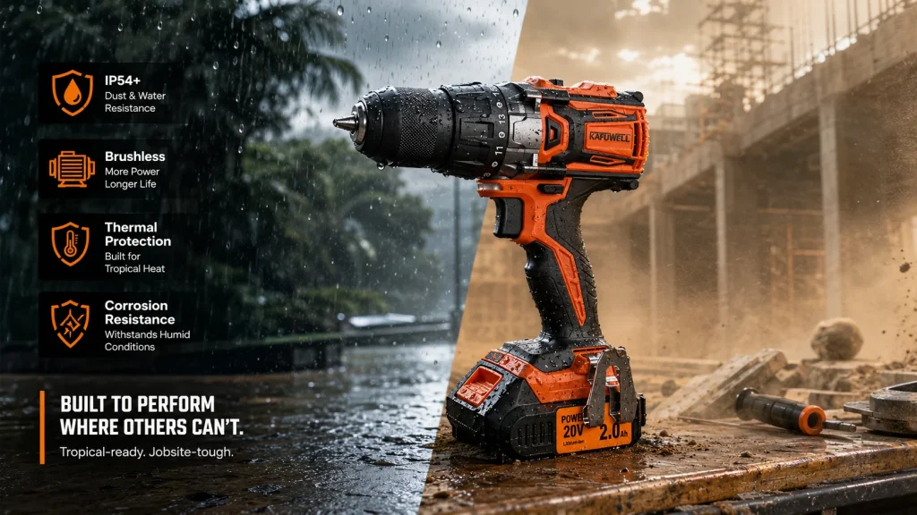 KAFUWELL IP54+ water and dust resistant cordless drill shown in extreme rainy and dusty jobsite environments.